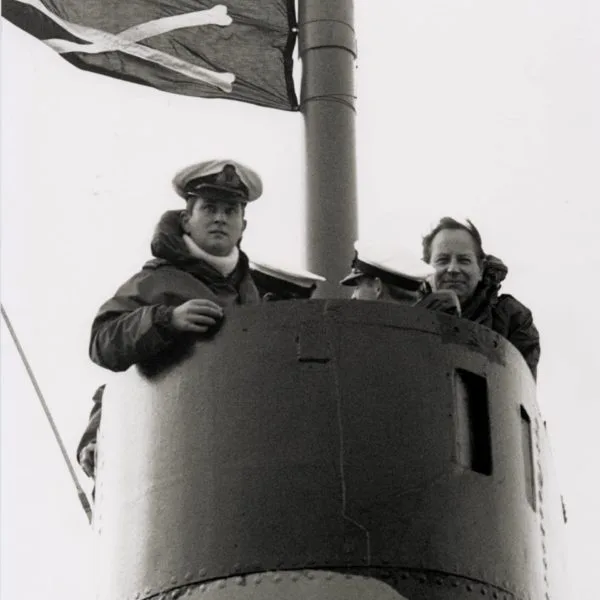 HMS Otus - on the bridge with Jolly Roger flag flying