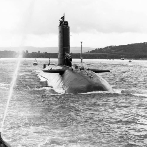 Conqueror on return from Falklands with Jolly Roger flying