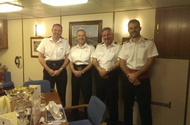 Perisher reunion on HMS Westminster Cdre Bob Anstey OBE, RAdm Hugh Beard CB (CO Westminster at time), Me and RAdm Paul Halton OBE - Aug 2014 - Jim Perks