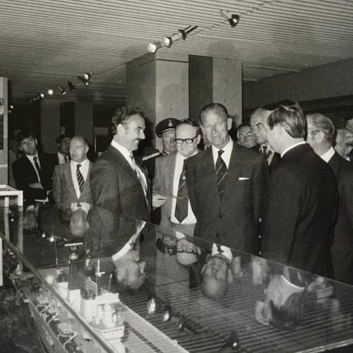 Sharing a joke with the Duke of Edinburgh at the build of HMS Ark Royal in Newcastle 1984 - Colin Hamilton